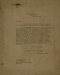 Typed copy of letter from Duke of York's Secretary, P.K. Hodgson, to President of the MDSS, Mr Cecil Hearman, 1927 - courtesy H.F. Atkinson Dental Museum.