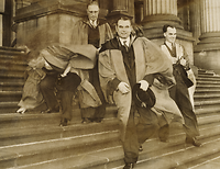 Profs H. Down, H. Adamson, A. Amies, H.F. Atkinson on Victorian Parliament House steps, c.1954 - courtesy The Herald and Weekly Times Ltd.