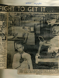 Newspaper clipping of Mr W.T. Smith in a teaching laboratory of the new Melbourne Dental Hospital, 23 May 1963 - courtesy The Herald and Weekly Times Ltd.